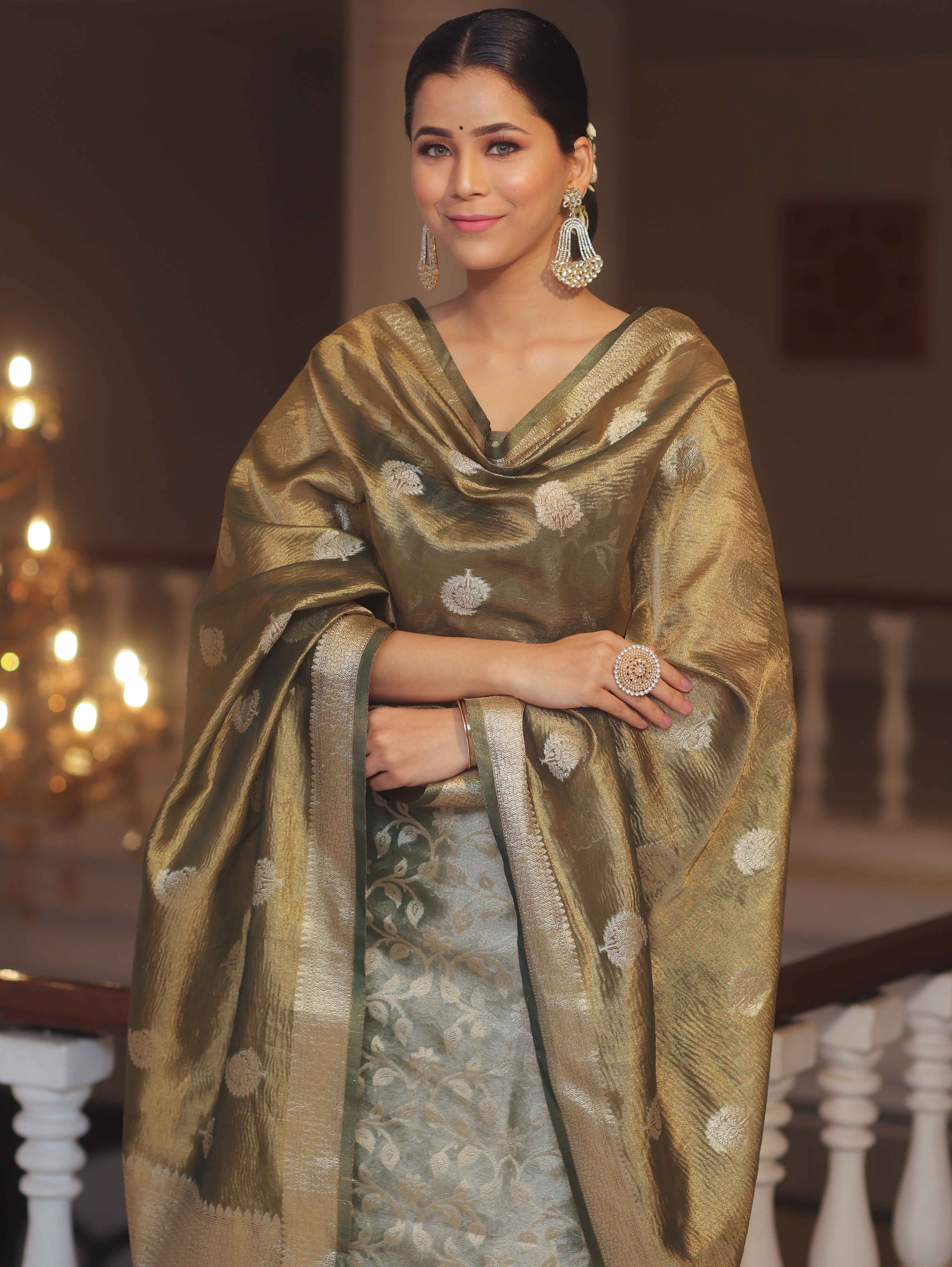 Banarasee Tissue Silk Salwar Kameez Fabric With Dupatta-Green