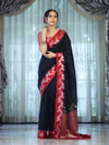 Banarasee Handloom Plain Semi Silk Saree With Contrast Floral Border-Black