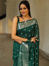 Banarasee Handwoven Semi-Chiffon Saree With Silver Zari Work-Green