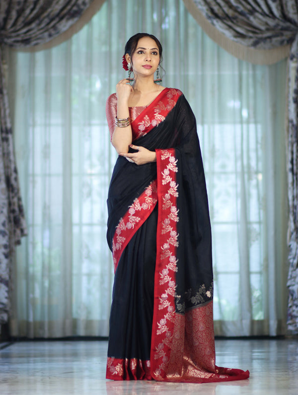 Banarasee Handloom Plain Semi Silk Saree With Contrast Floral Border-Black