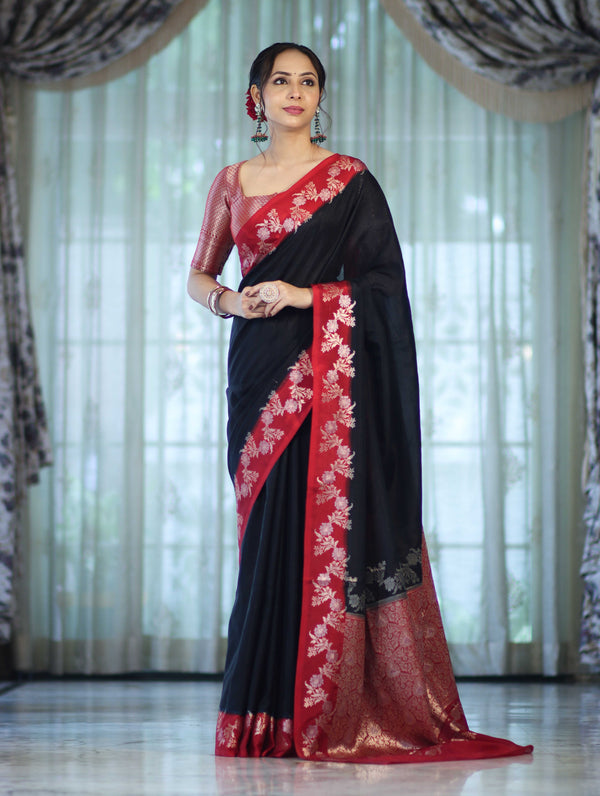 Banarasee Handloom Plain Semi Silk Saree With Contrast Floral Border-Black