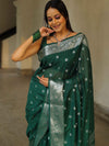 Banarasee Handwoven Semi-Chiffon Saree With Silver Zari Work-Green