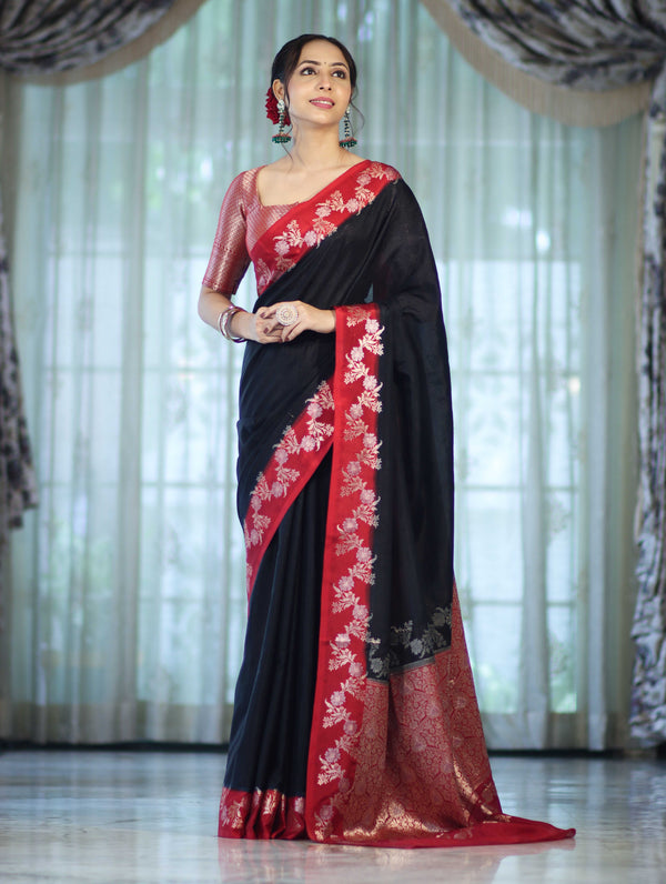 Banarasee Handloom Plain Semi Silk Saree With Contrast Floral Border-Black
