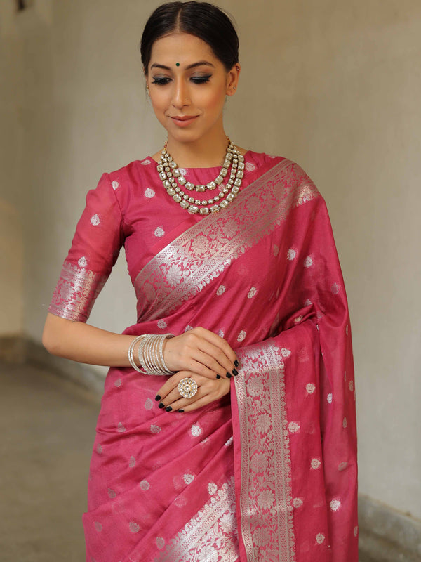 Banarasee Handwoven Semi-Chiffon Saree With Silver Zari Work-Rose Pink