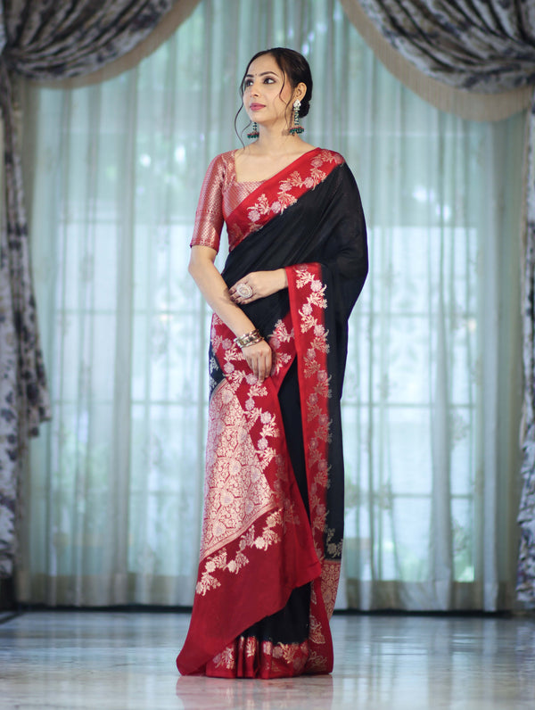 Banarasee Handloom Plain Semi Silk Saree With Contrast Floral Border-Black