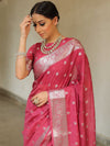Banarasee Handwoven Semi-Chiffon Saree With Silver Zari Work-Rose Pink