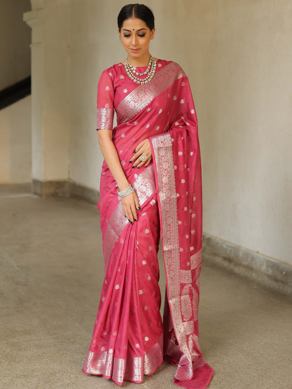 Banarasee Handwoven Semi-Chiffon Saree With Silver Zari Work-Rose Pink