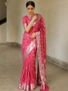 Banarasee Handwoven Semi-Chiffon Saree With Silver Zari Work-Rose Pink