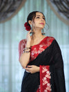 Banarasee Handloom Plain Semi Silk Saree With Contrast Floral Border-Black
