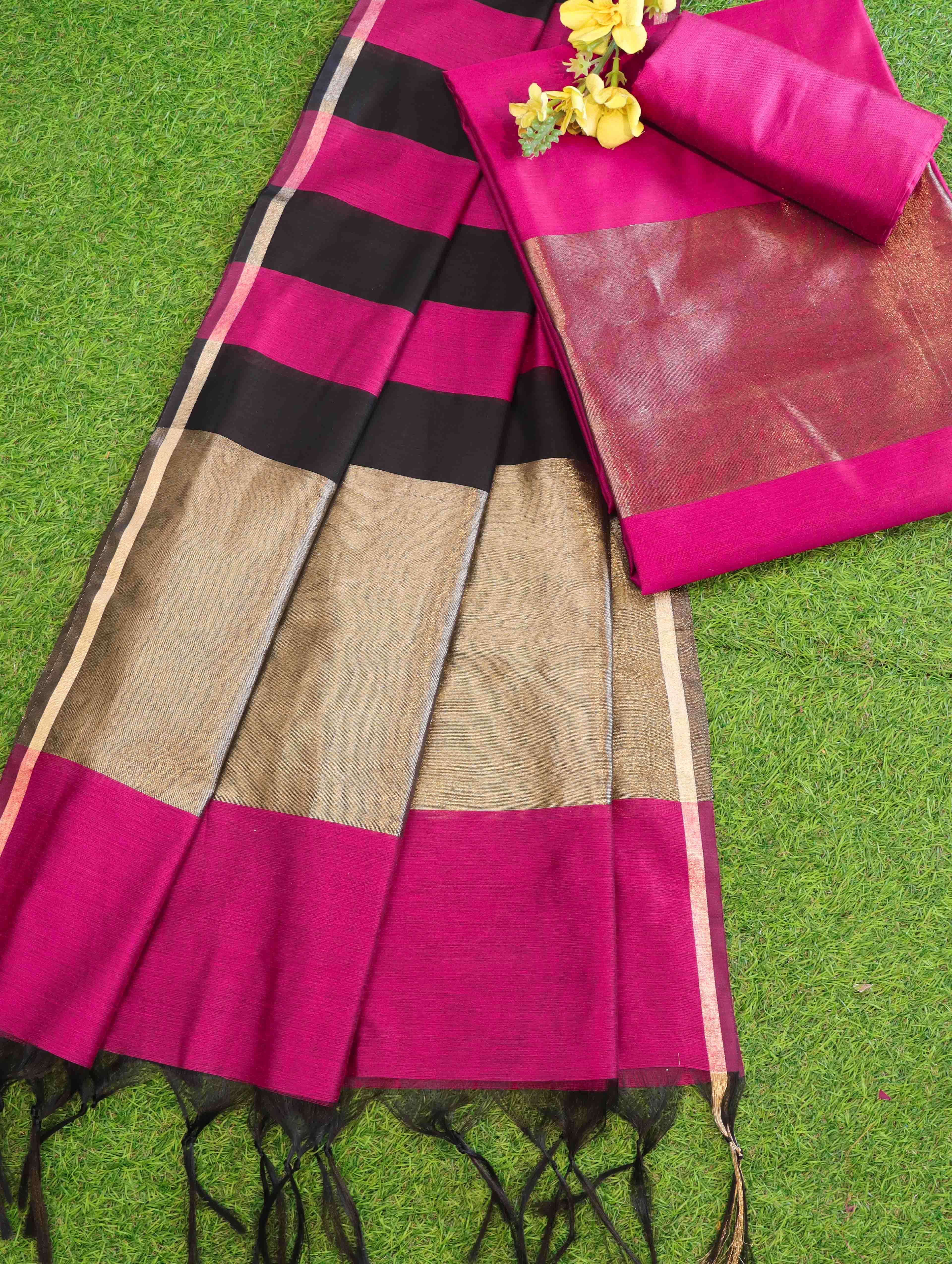 Banarasee Cotton Silk Stripe Pattern Salwar Kameez Fabric With Dupatta Set-Magenta