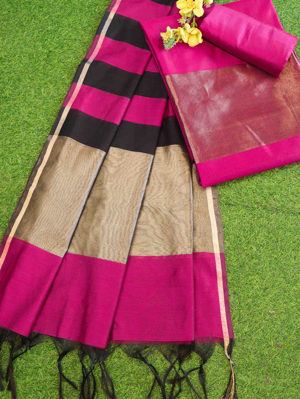 Banarasee Cotton Silk Stripe Pattern Salwar Kameez Fabric With Dupatta Set-Magenta