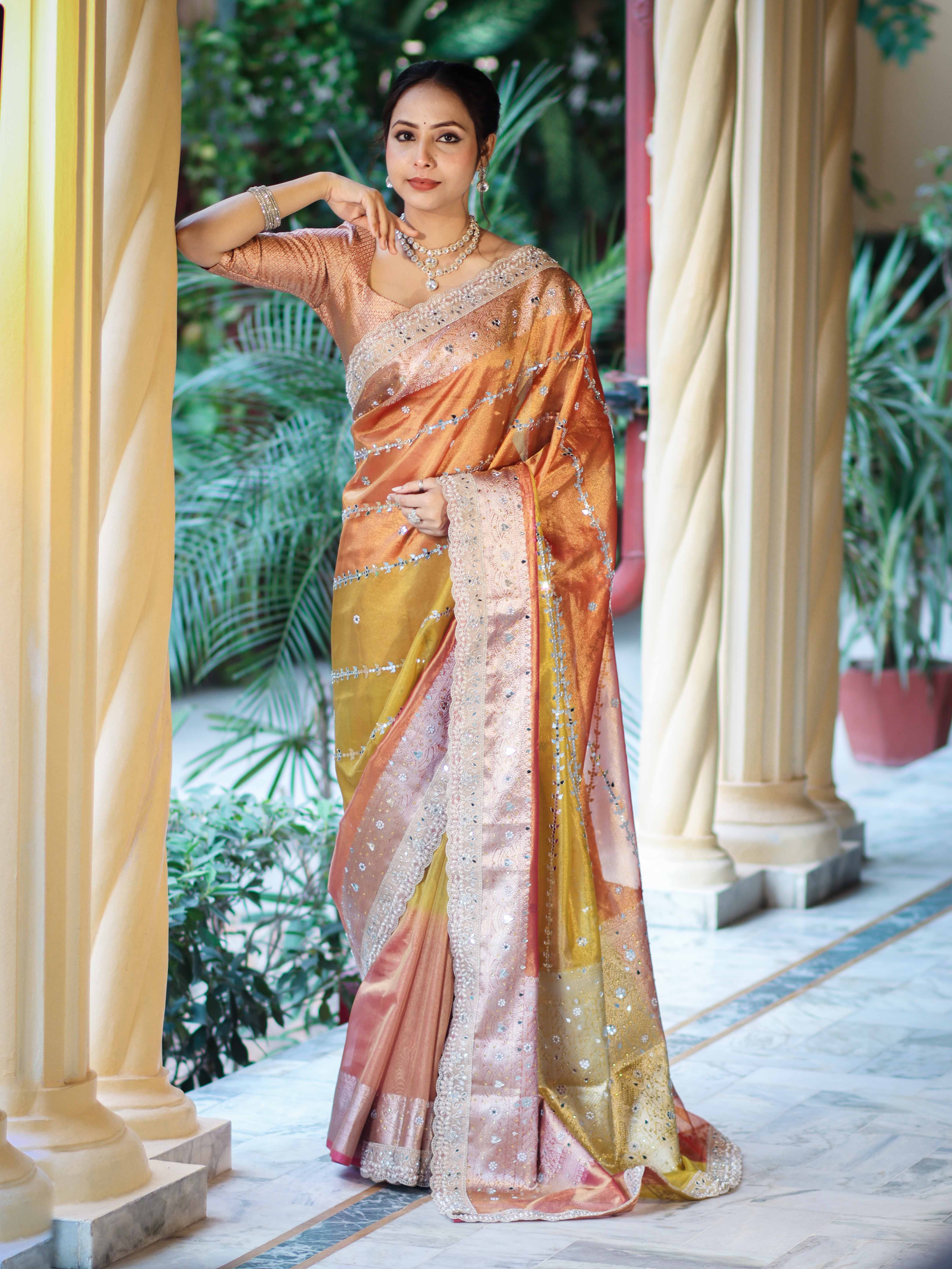 Banarasee Tissue Hand Embroidered Mirror Work Saree With Zari Woven Pallu & Lace-Multicolor