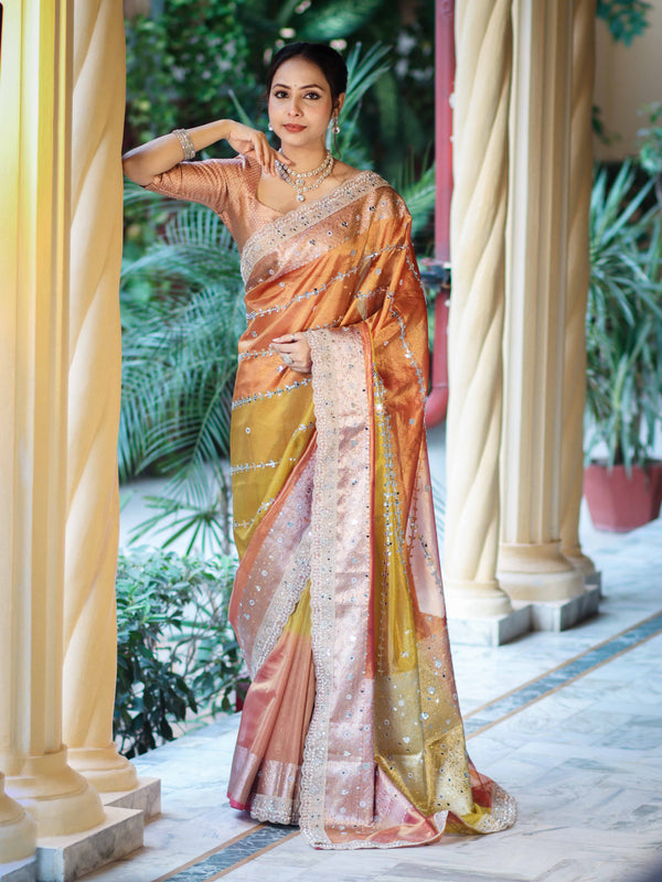 Banarasee Tissue Hand Embroidered Mirror Work Saree With Zari Woven Pallu & Lace-Multicolor