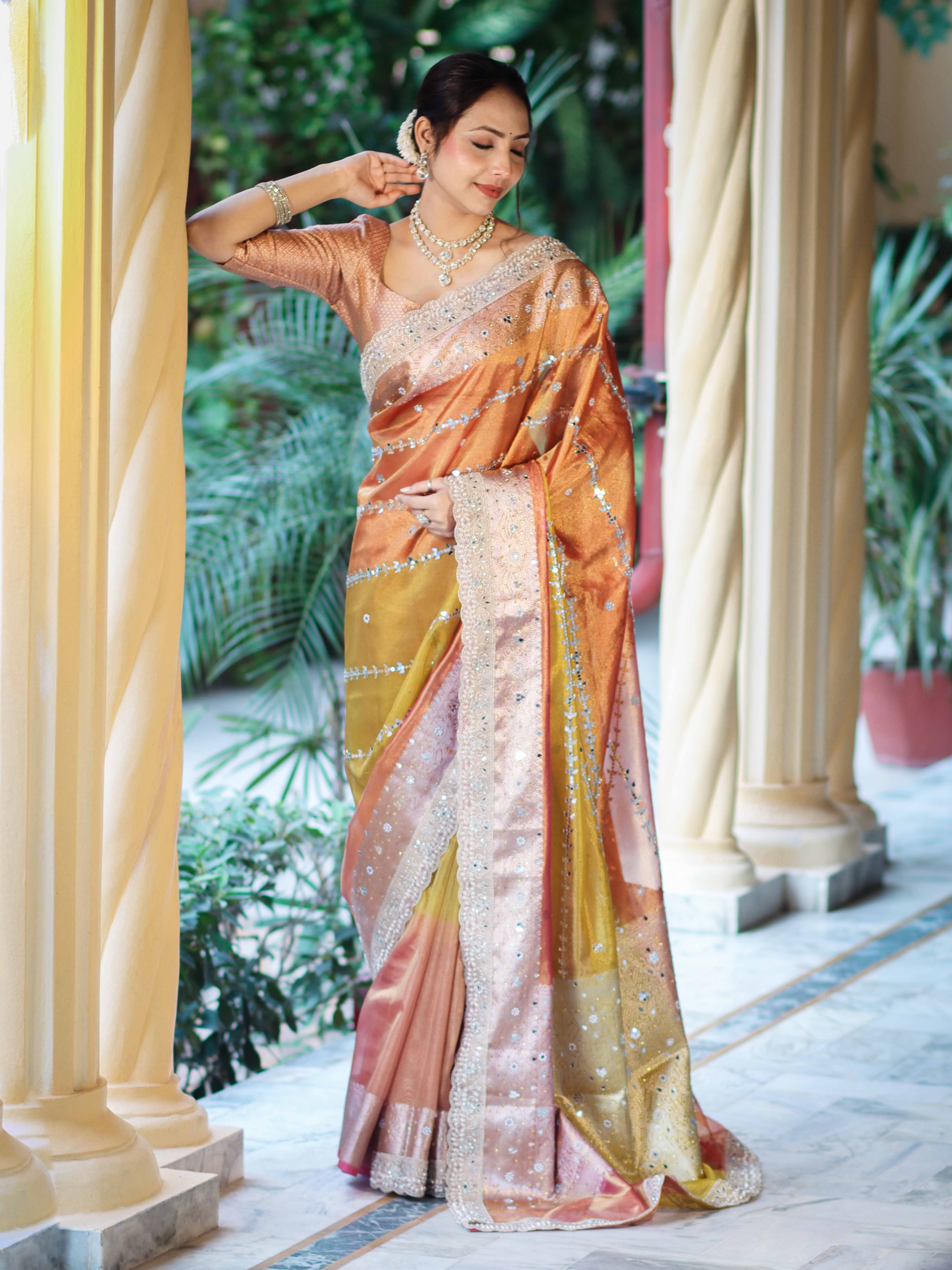 Banarasee Tissue Hand Embroidered Mirror Work Saree With Zari Woven Pallu & Lace-Multicolor