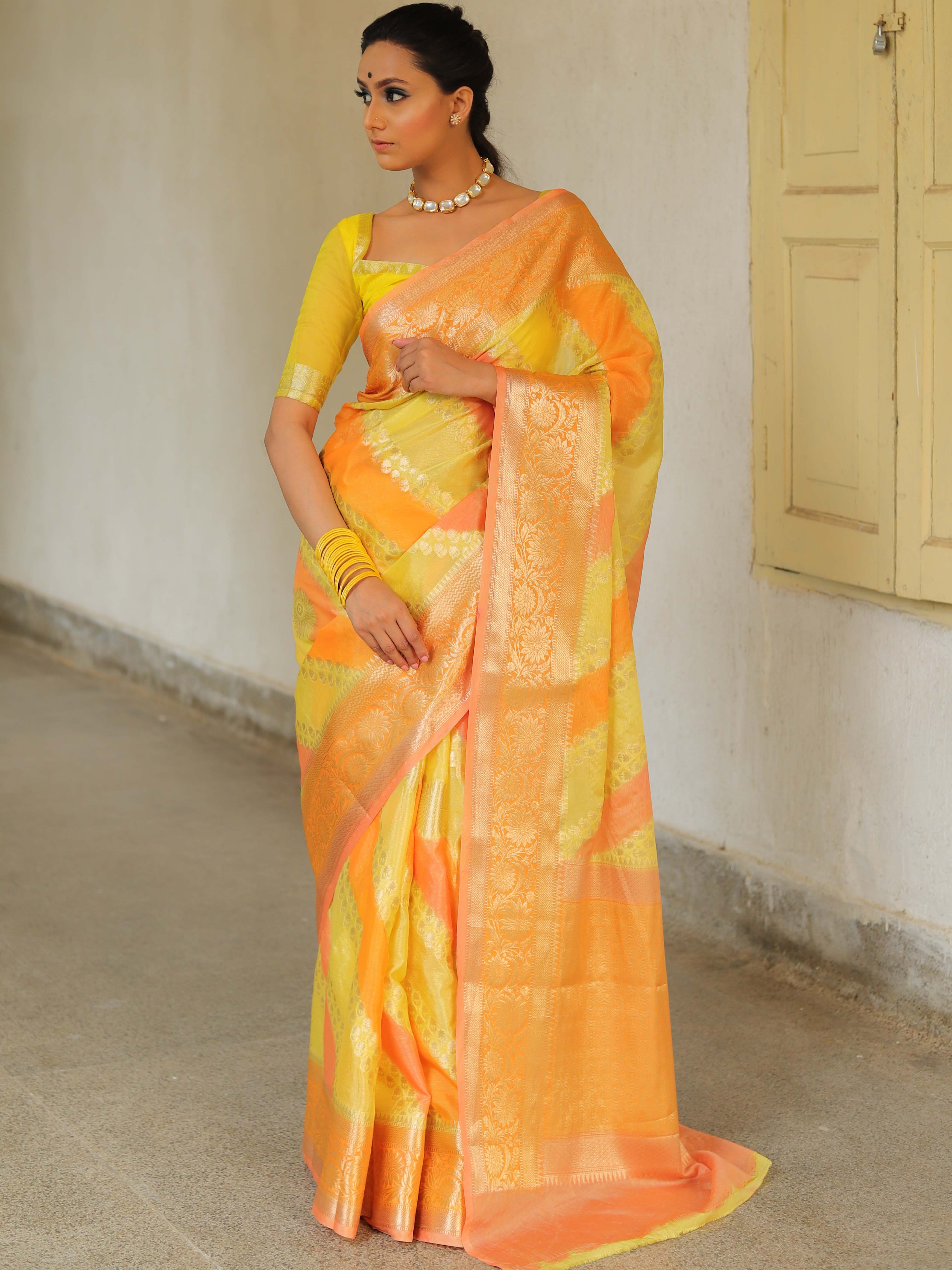 Banarasee Handwoven Soft Semi Silk Saree With Hand-Painted Rangkat Design-Yellow & Peach