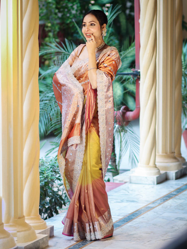 Banarasee Tissue Hand Embroidered Mirror Work Saree With Zari Woven Pallu & Lace-Multicolor