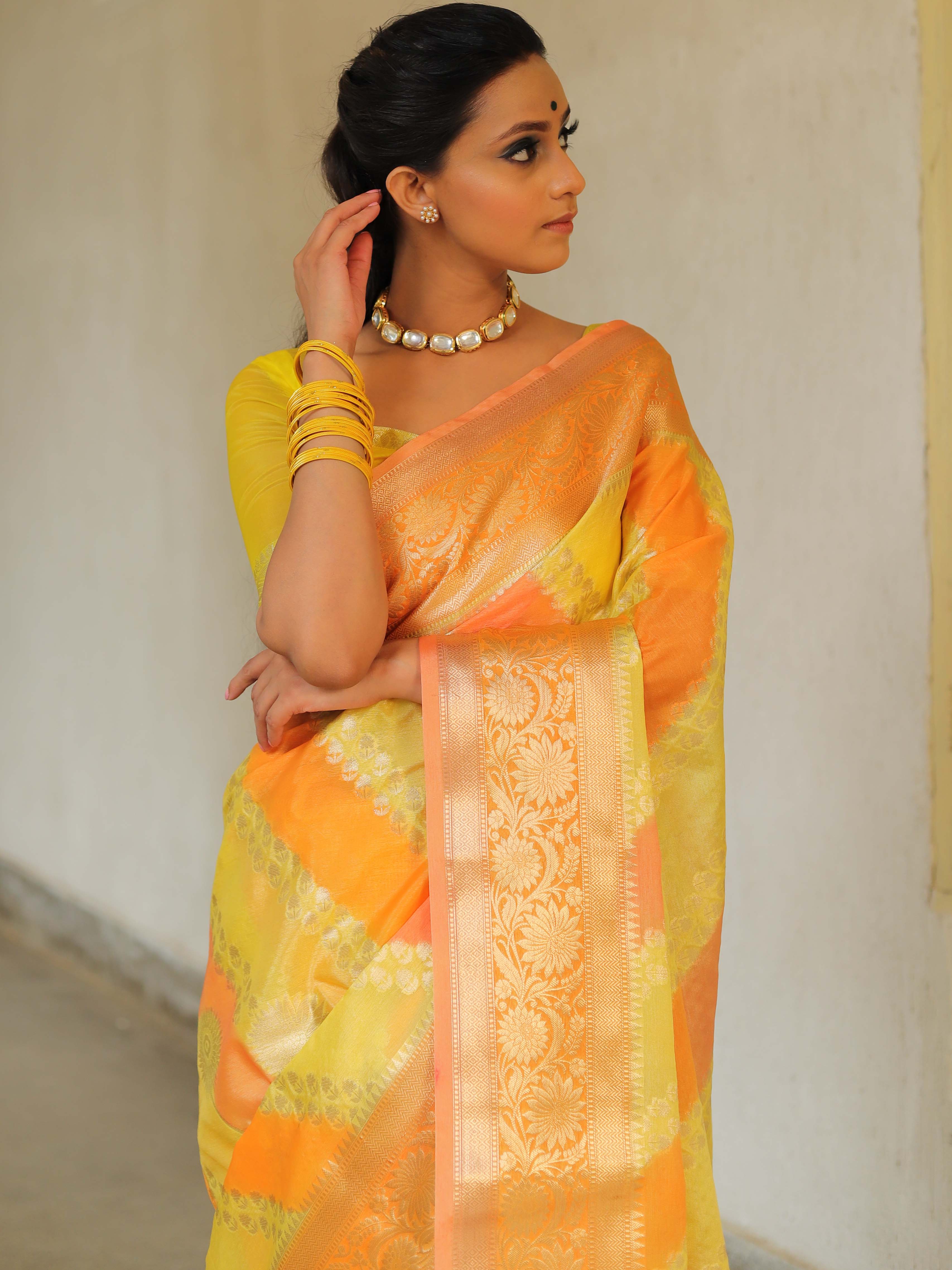 Banarasee Handwoven Soft Semi Silk Saree With Hand-Painted Rangkat Design-Yellow & Peach