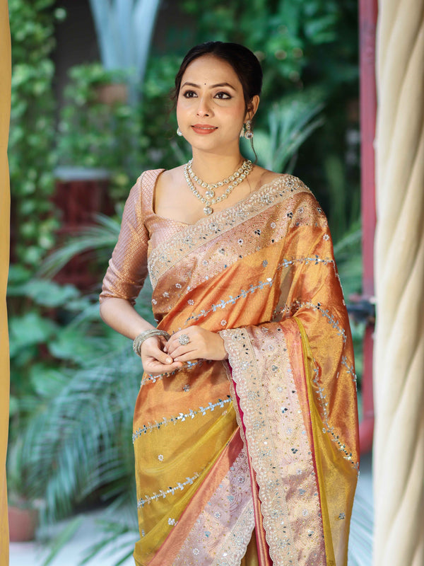 Banarasee Tissue Hand Embroidered Mirror Work Saree With Zari Woven Pallu & Lace-Multicolor