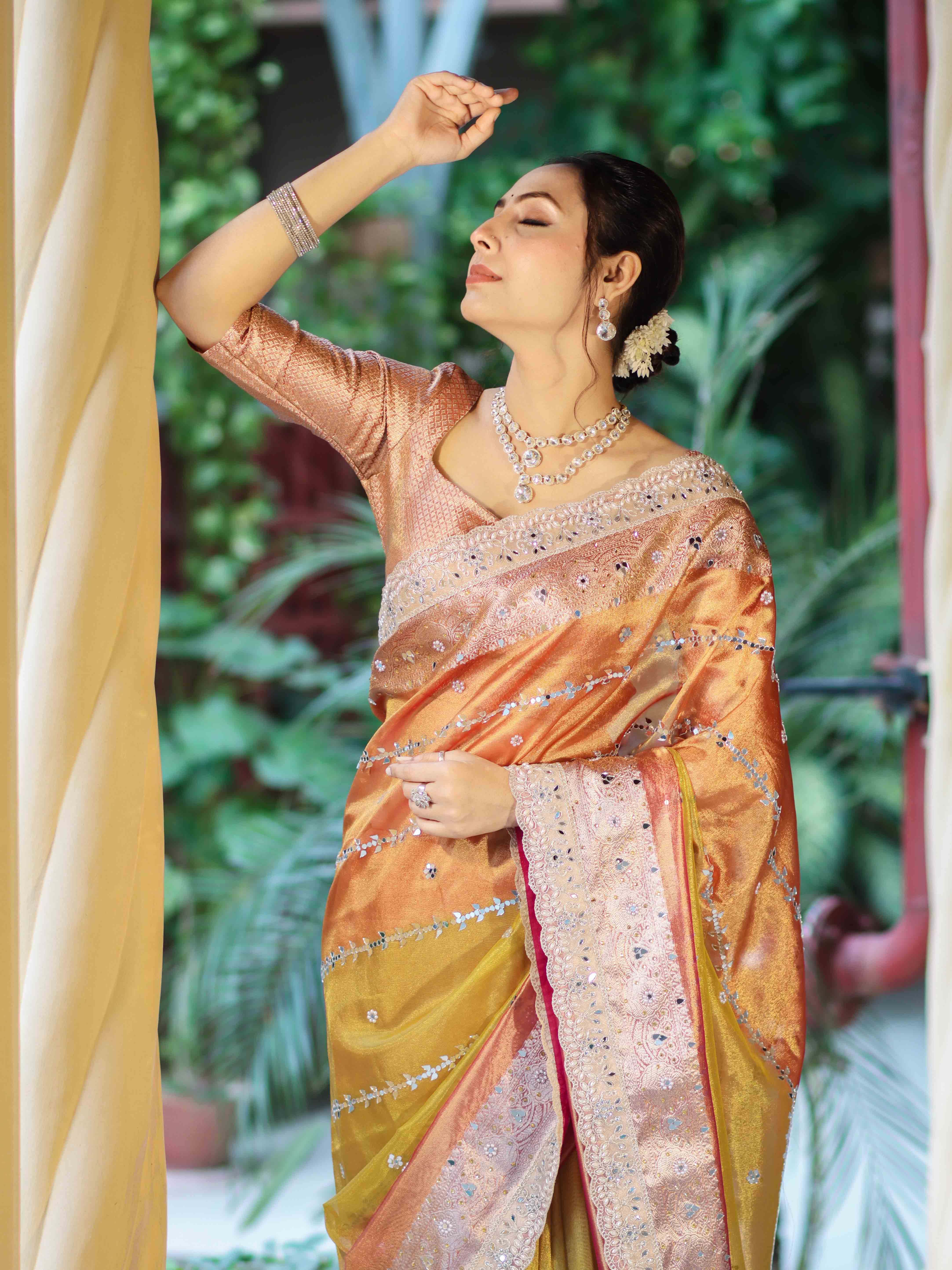 Banarasee Tissue Hand Embroidered Mirror Work Saree With Zari Woven Pallu & Lace-Multicolor