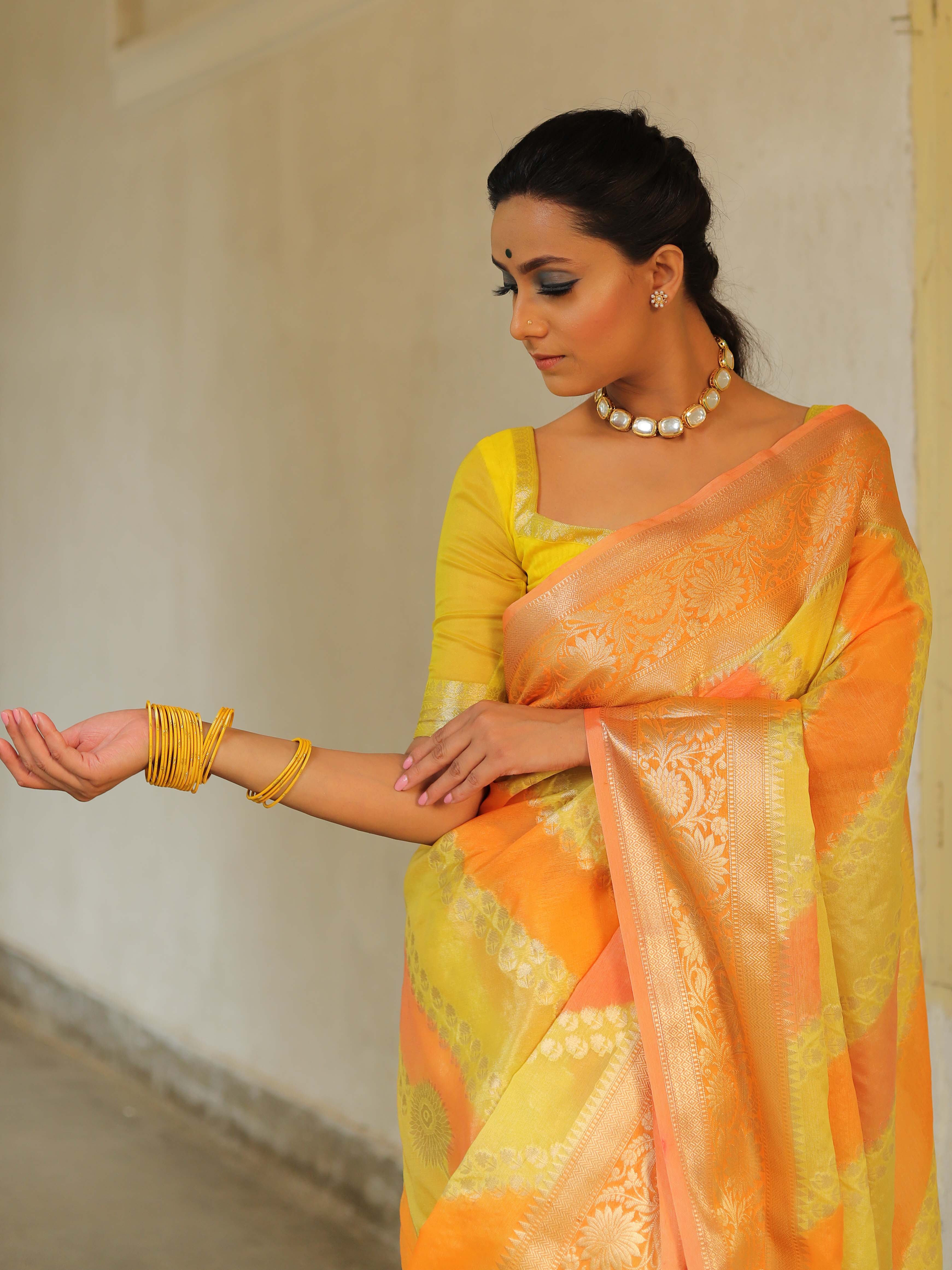 Banarasee Handwoven Soft Semi Silk Saree With Hand-Painted Rangkat Design-Yellow & Peach