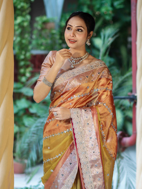 Banarasee Tissue Hand Embroidered Mirror Work Saree With Zari Woven Pallu & Lace-Multicolor