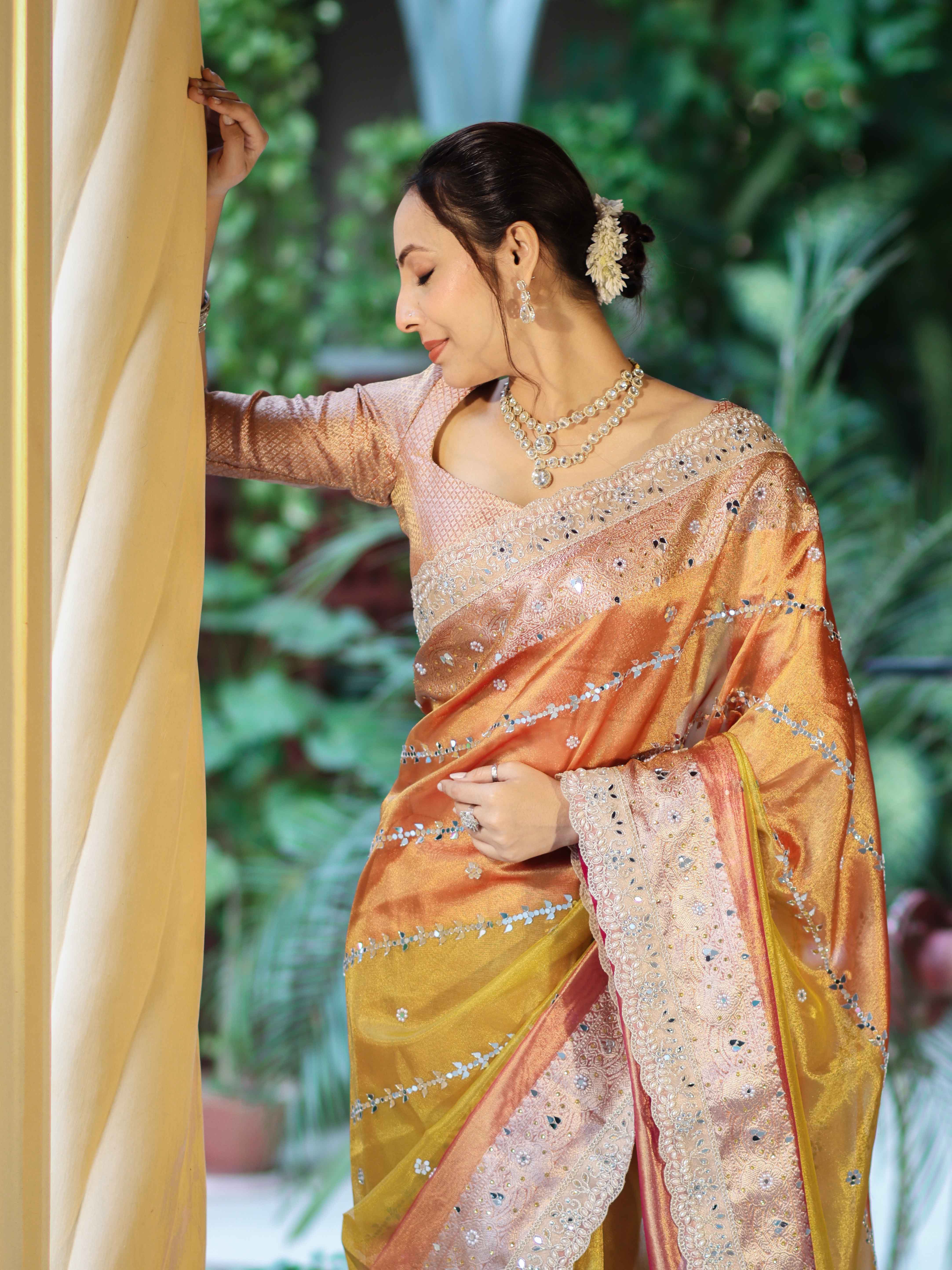 Banarasee Tissue Hand Embroidered Mirror Work Saree With Zari Woven Pallu & Lace-Multicolor