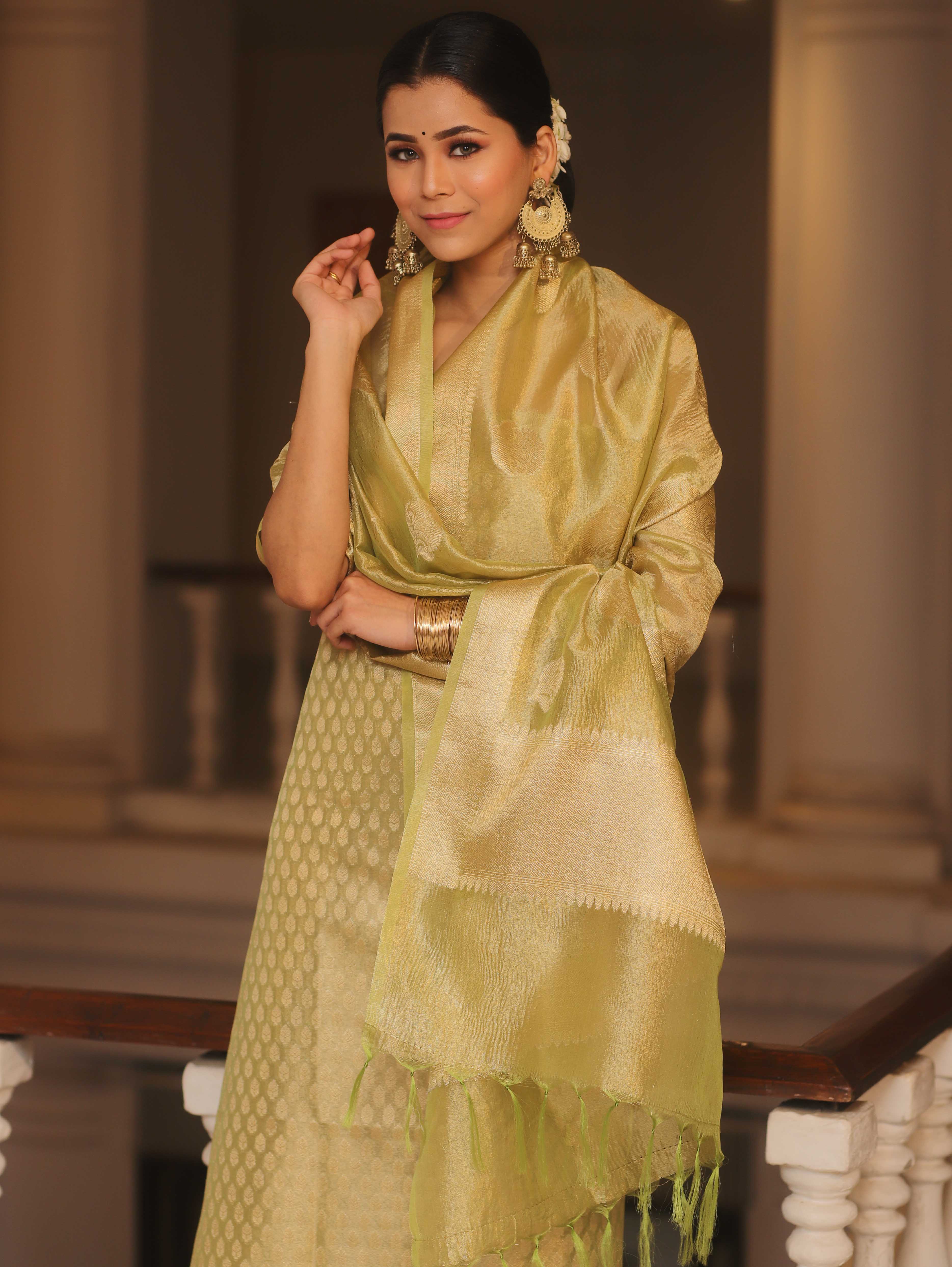 Banarasee Tissue Silk Salwar Kameez Fabric With Duaptta-Green