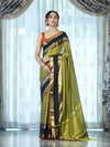 Banarasee Handloom Plain Semi Silk Saree With Contrast Temple Border-Lime Green
