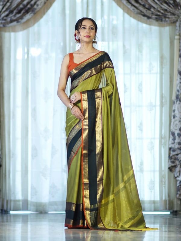 Banarasee Handloom Plain Semi Silk Saree With Contrast Temple Border-Lime Green