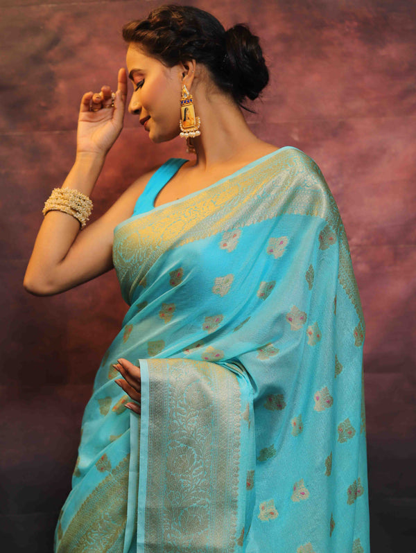 Banarasee Handwoven Semi Silk Saree With Zari & Resham Work-Light Blue