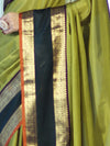 Banarasee Handloom Plain Semi Silk Saree With Contrast Temple Border-Lime Green