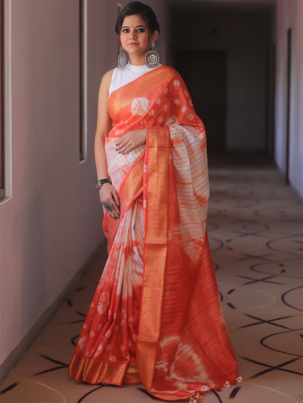 Bhagalpur Cotton Silk Ghichha Work Hand-Dyed Shibori Pattern Saree-White & Orange