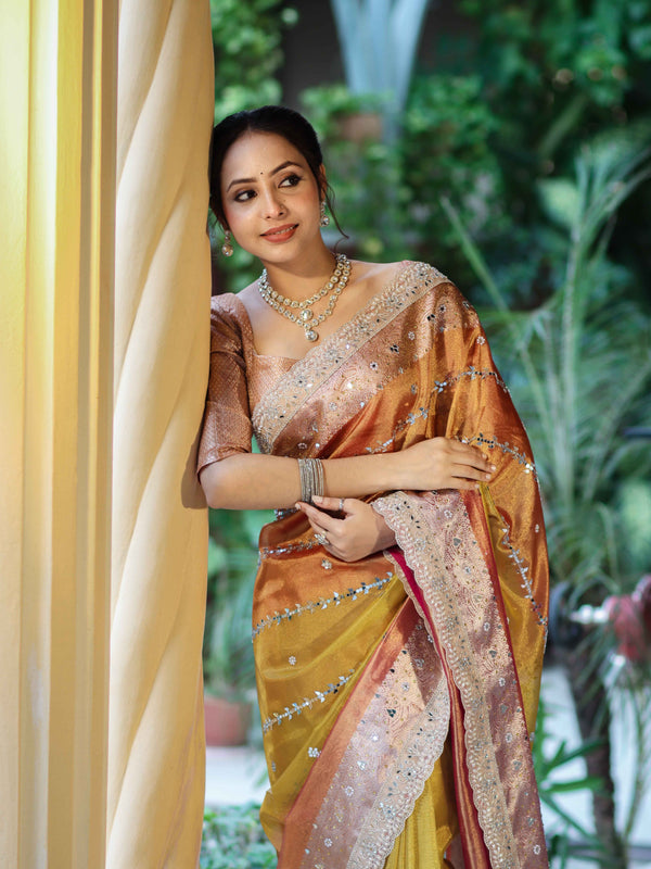 Banarasee Tissue Hand Embroidered Mirror Work Saree With Zari Woven Pallu & Lace-Multicolor
