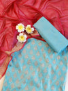 Banarasee Cotton Silk Salwar Kameez Ghichha Buti Fabric & Dupatta-Blue & Pink