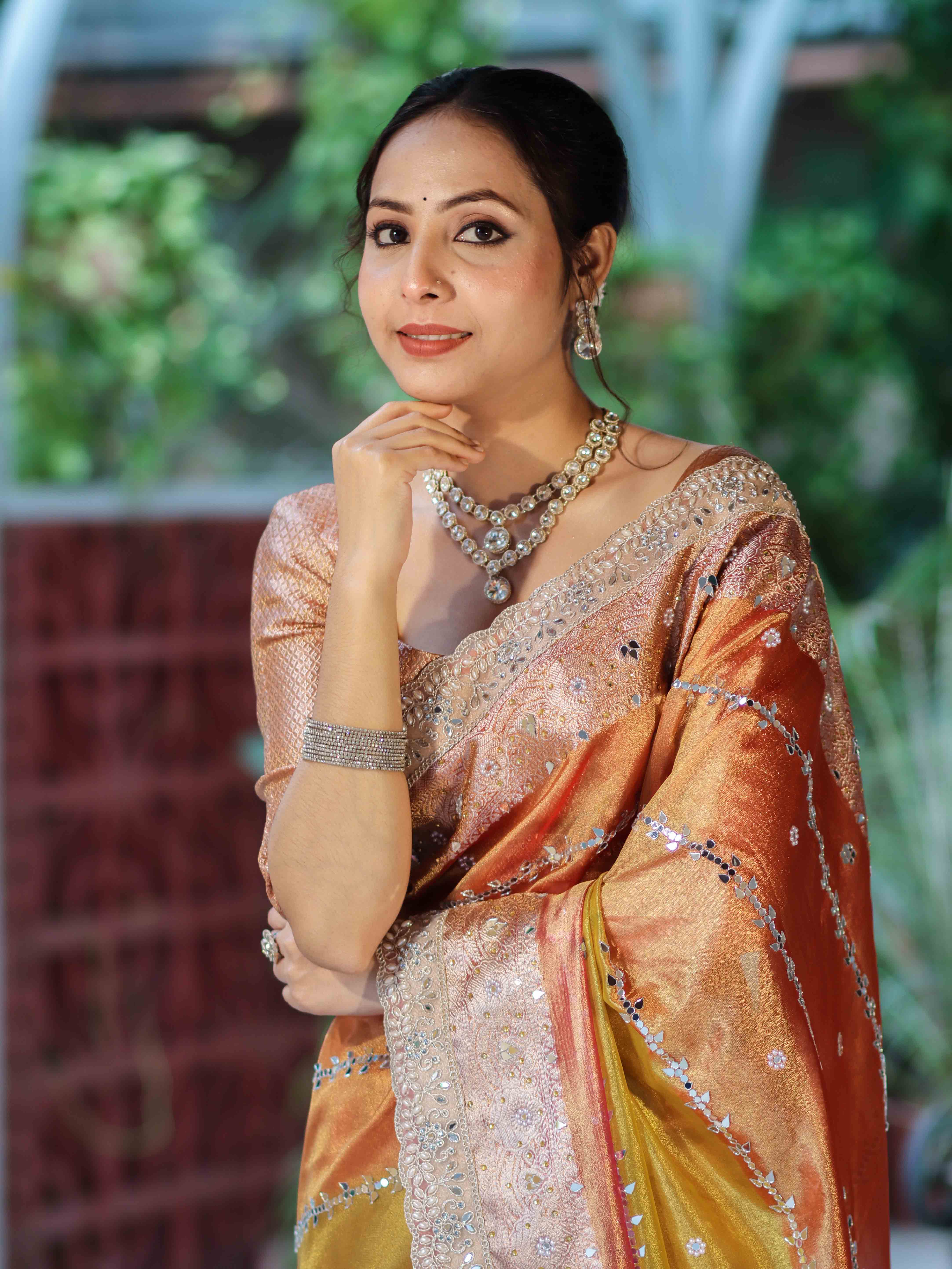 Banarasee Tissue Hand Embroidered Mirror Work Saree With Zari Woven Pallu & Lace-Multicolor
