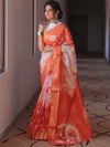 Bhagalpur Cotton Silk Ghichha Work Hand-Dyed Shibori Pattern Saree-White & Orange
