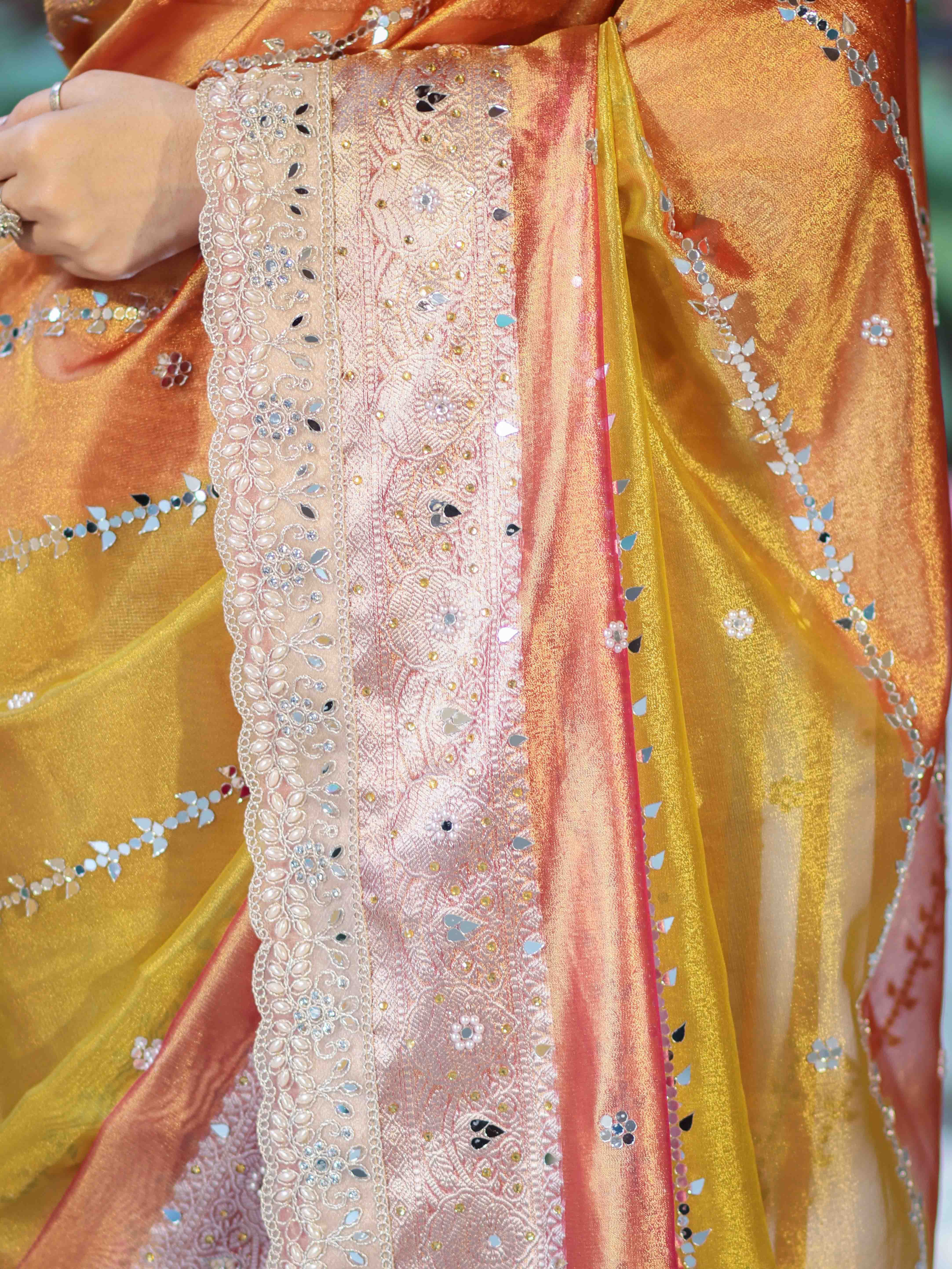 Banarasee Tissue Hand Embroidered Mirror Work Saree With Zari Woven Pallu & Lace-Multicolor