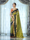 Banarasee Handloom Plain Semi Silk Saree With Contrast Temple Border-Lime Green