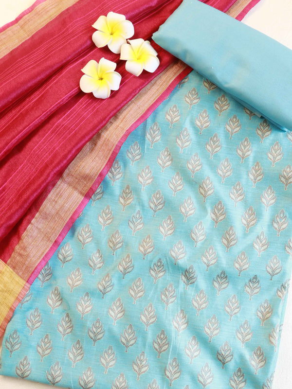 Banarasee Cotton Silk Salwar Kameez Ghichha Buti Fabric & Dupatta-Blue & Pink