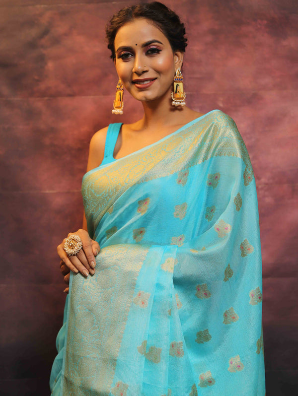 Banarasee Handwoven Semi Silk Saree With Zari & Resham Work-Light Blue