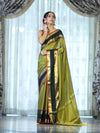 Banarasee Handloom Plain Semi Silk Saree With Contrast Temple Border-Lime Green