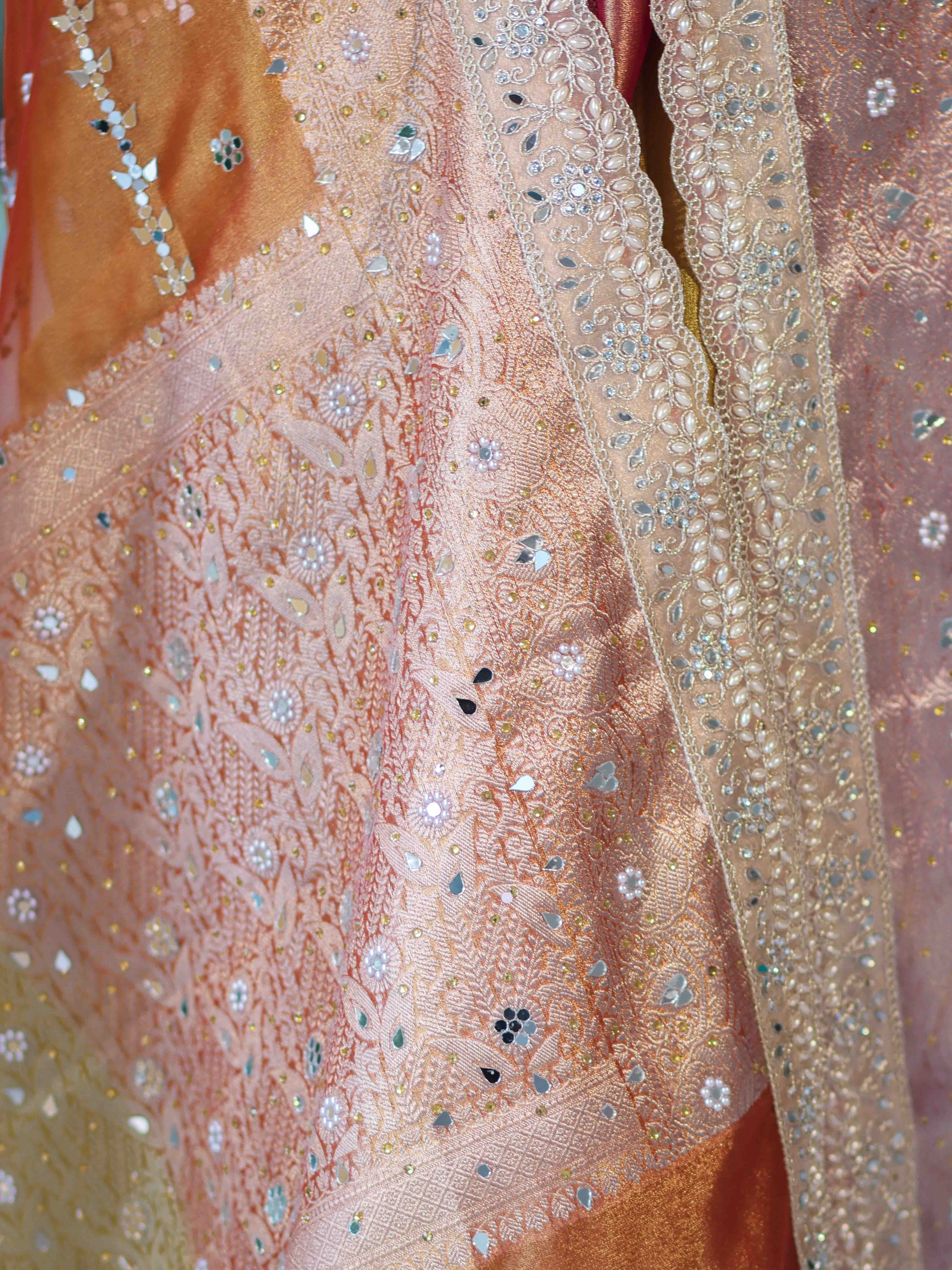 Banarasee Tissue Hand Embroidered Mirror Work Saree With Zari Woven Pallu & Lace-Multicolor