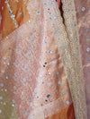 Banarasee Tissue Hand Embroidered Mirror Work Saree With Zari Woven Pallu & Lace-Multicolor