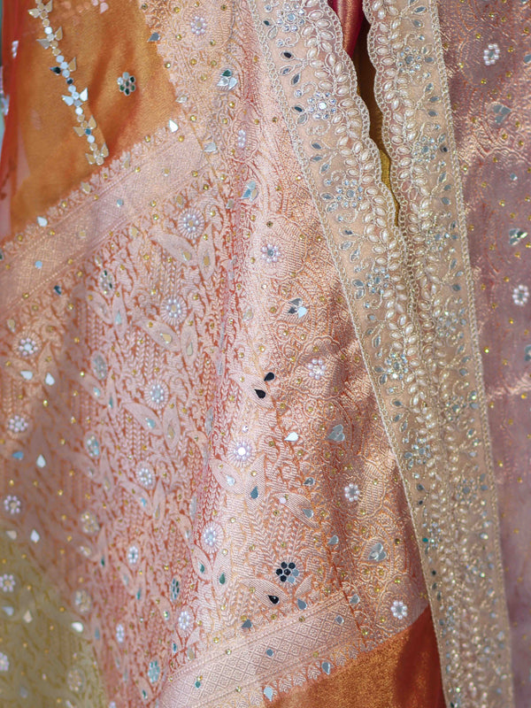 Banarasee Tissue Hand Embroidered Mirror Work Saree With Zari Woven Pallu & Lace-Multicolor
