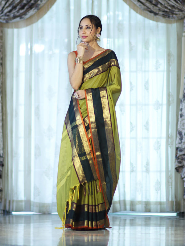 Banarasee Handloom Plain Semi Silk Saree With Contrast Temple Border-Lime Green