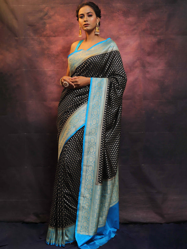 Banarasee Semi-Katan Zari Buta Saree-Black & Blue
