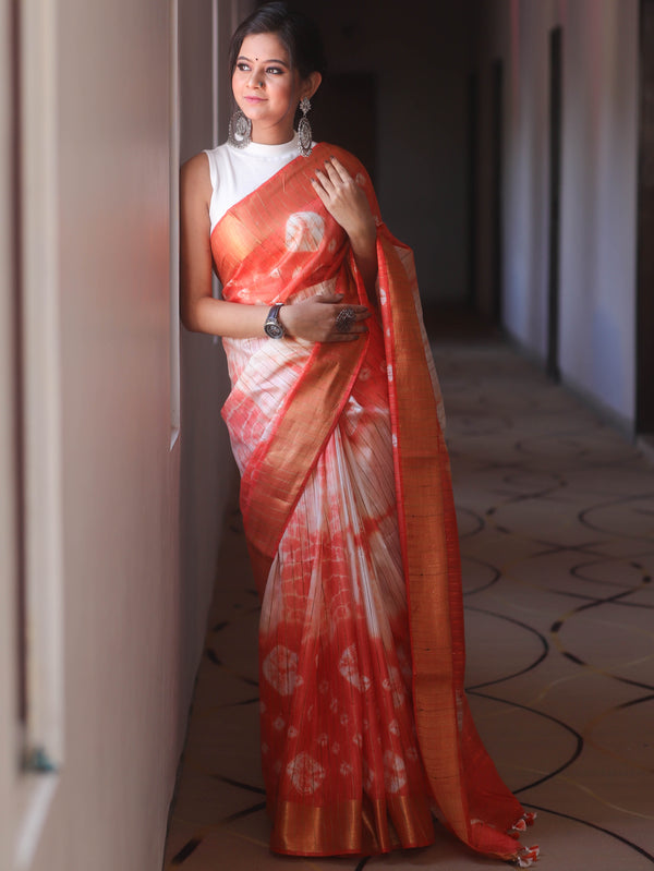 Bhagalpur Cotton Silk Ghichha Work Hand-Dyed Shibori Pattern Saree-White & Orange