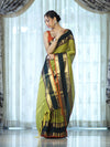Banarasee Handloom Plain Semi Silk Saree With Contrast Temple Border-Lime Green
