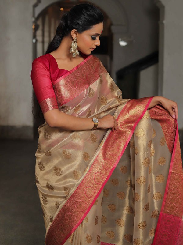 Banarasee Handwoven Tissue Saree With Zari Buti & Border-Gold & Pink