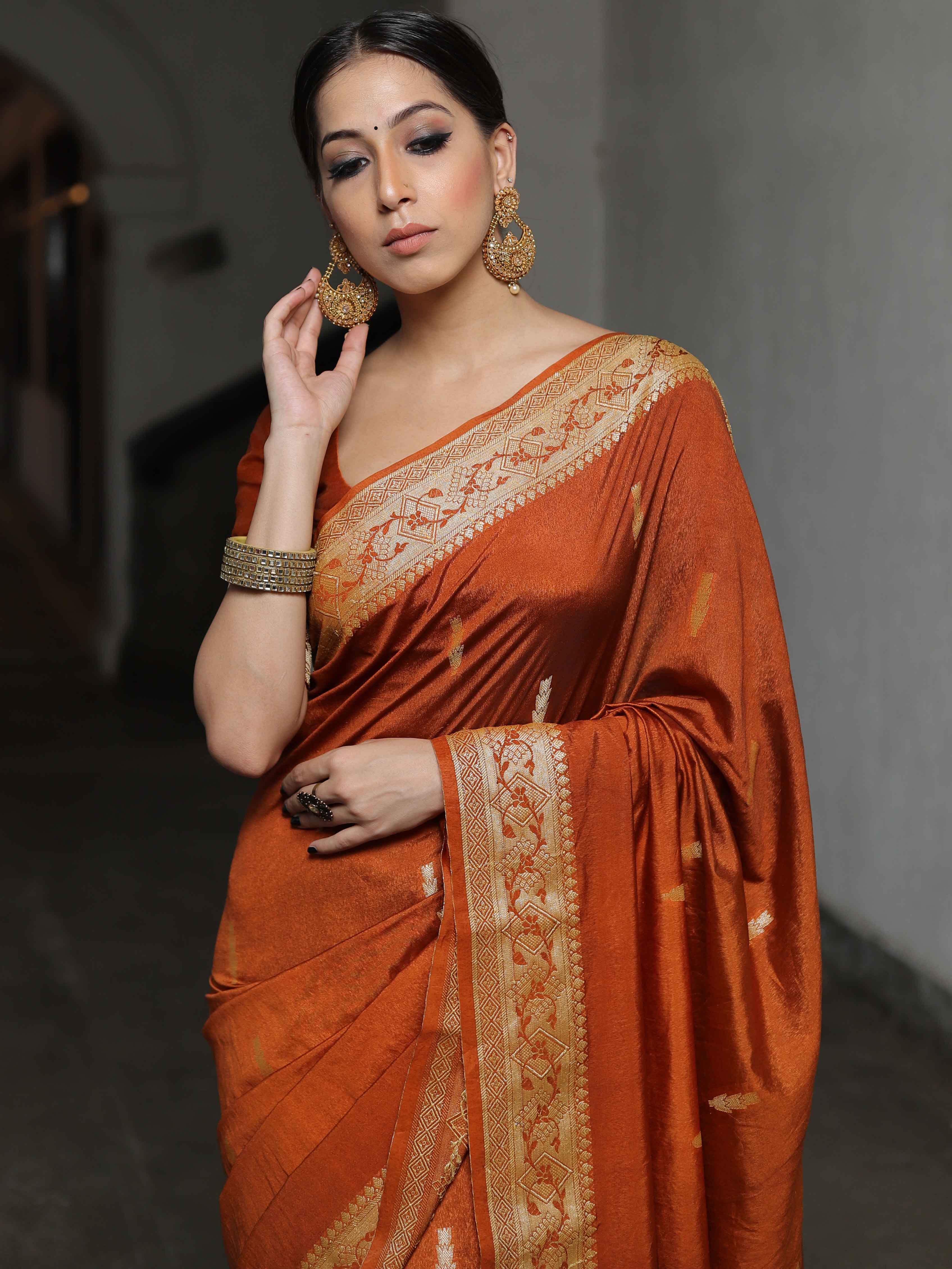 Banarasee Semi Silk Saree With Floral Border & Buta-Ochre Yellow